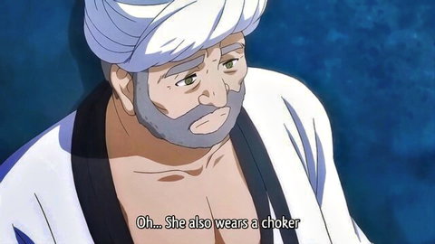 Anime elder in robes notices choker on cute hentai warrior girl, Venus Blood Brave 3 scene