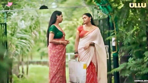 Busty Indian MILFs in colorful sarees, teasing conversation outdoors
