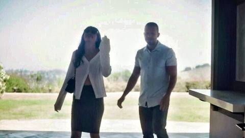 Vanna Bardot and Vanessa Sky in sexy white blazer and skirt with male partner outdoors