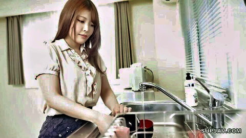 Sexy Japanese housewife bending over kitchen sink washing dishes in tight skirt