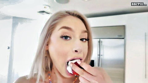 Scarlett Hampton eating creamy BBC pie, blonde babe with open mouth