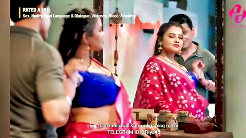 Two busty Indian women in colorful sarees and blouses with men in teasing hot series scene