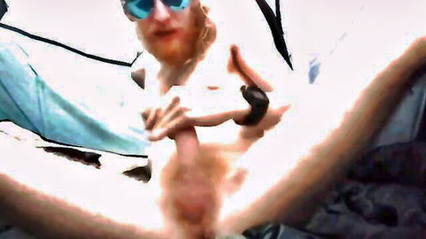 Ginger bearded man in sunglasses fingers shaved pussy of nude woman in car outdoor amateur public nudity