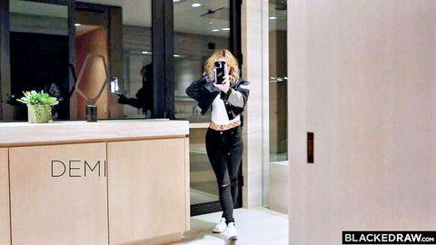 Demi Hawks blonde petite in leather jacket and tight pants selfie