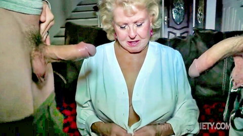 Blonde mature grandma in unbuttoned blouse handles multiple cocks in freaky gangbang
