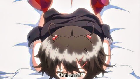Hentai succubus teen with horns exposes big tits on bed, calls big bro