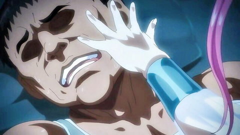 Distressed anime man grabbed by gloved succubus hand in hentai scene