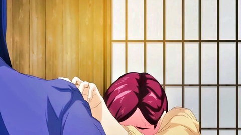 Hentai guy gropes busty purple-haired girl's huge tits from behind in Japanese room.