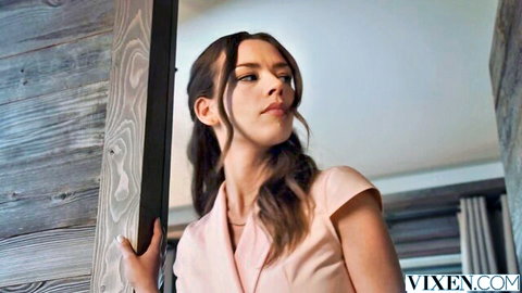 Eve Sweet in pink sleeveless top, seductive gaze for Vixen threesome