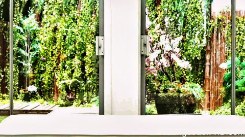 Lush tropical garden view through open patio doors, black short hair model tease