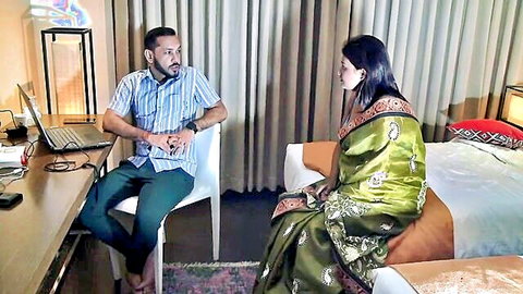 Desi boss and secretary in hotel room, intense eye contact before hot session