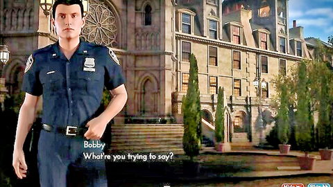 Cop Bobby in uniform asking 'What're you trying to say?' outside church in GTA game scene