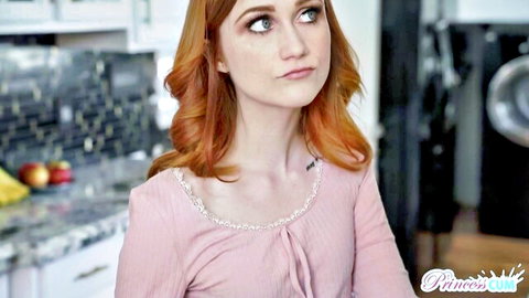 Redhead stepsister in pink blouse offers breakup comfort
