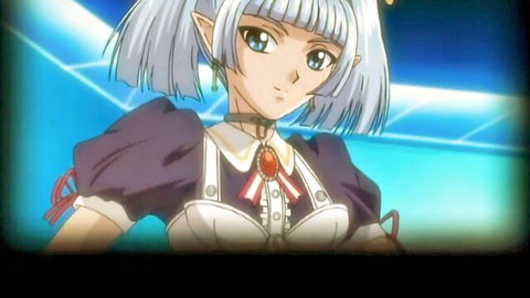 Cute silver-haired anime elf maid in sexy purple dress with choker smiling seductively