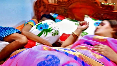 Desi MILF in pink saree lies with stepson on bed, naughty incest tease