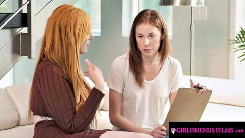 Redhead MILF realtor seduces petite inspector in office scene