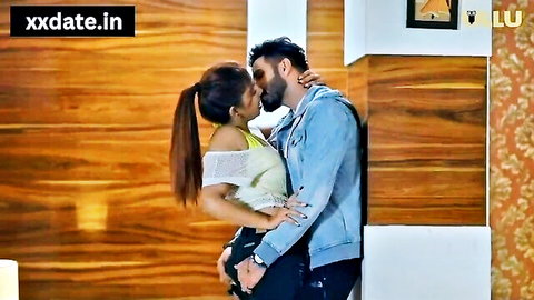 Indian brunette housewife passionately kissing bearded man while grabbing his ass in intense foreplay