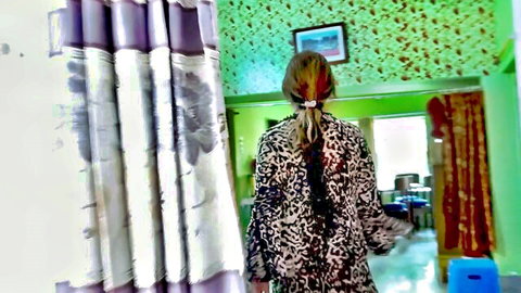 Hot Desi Indian MILF in leopard print robe, ponytail, walking away in home