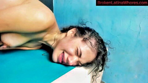 Ecstatic nude Latina in hard sex, wet curly hair and exposed breasts