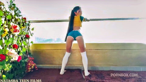 Sofia Ross sexy Asian teen in crop top, tiny shorts, thigh highs bending over