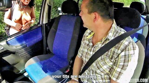 Topless curvy woman flashing large tits to man in car, amateur flashing tease
