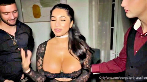 Yasmina Khan in revealing black lace lingerie with two men in gangbang preview