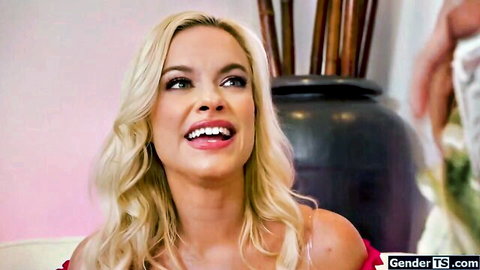 Smiling blonde beauty in interracial trans threesome preview from GenderX