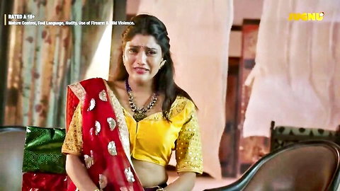 Naughty Indian vixen in red saree and yellow blouse with surprised expression