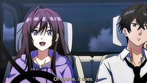 Anime purple-haired big sis smiles at black-haired guy in car, hentai couple scene