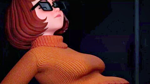 3D animated Velma in tight orange turtleneck, pregnant belly, seductive side glance