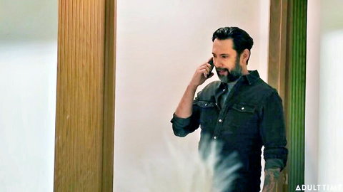 Tommy Pistol on phone in dark shirt, BBW titty fuck scene thumbnail