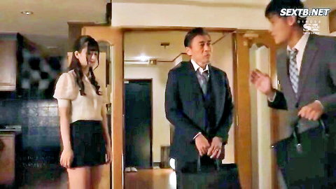 Japanese woman in mini skirt with two suited older men in tense scene