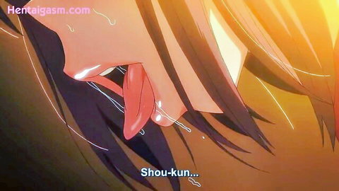 Hentai anime girl drooling thick cum from extended tongue and lips after blowjob