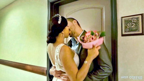 Cheating bride in wedding dress passionately kisses ex-boyfriend outside hotel room