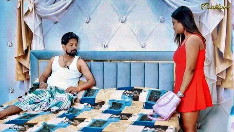 Niki in tight red dress teases father-in-law Rocky on bed, Indian desi heat