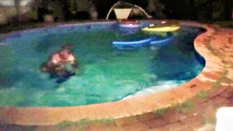 Petite babe in steamy pool threesome sucking cock while getting pussy fucked