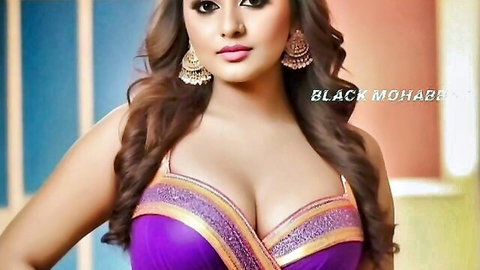 Sexy Indian beauty in purple dress with deep cleavage, long wavy hair