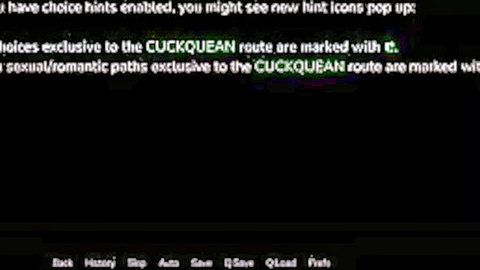 Cuckquean route info screen marking sexual romantic paths with hearts in erotic game