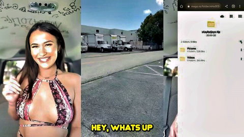 Smiling brunette in revealing strappy top poses outdoors, teasing video thumbnail