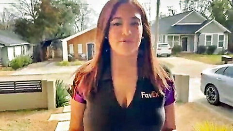 Busty Latina delivery girl in revealing FavEx uniform showing deep cleavage