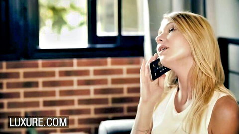 Busty blonde Anissa Kate wife on phone, surprise guest tease