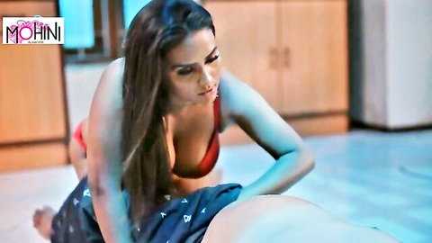 Busty Indian bhabhi in red bra teases stepson during kitchen foreplay