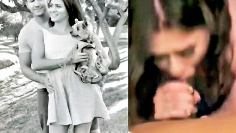 Smiling couple with dog outdoors beside closeup brunette sucking cock passionately