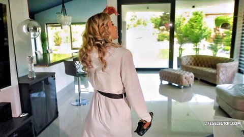 Blonde MILF in silky dress walking away teasing her ass in luxury home POV