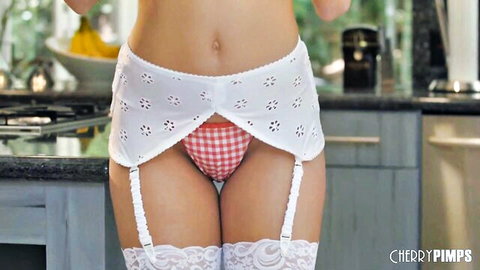 Lana Rhoades in sexy white lace garter belt and red checkered panties
