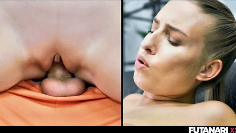 Futanari's tight pussy and hard cock protruding from orange panties, blonde babe moaning in ecstasy