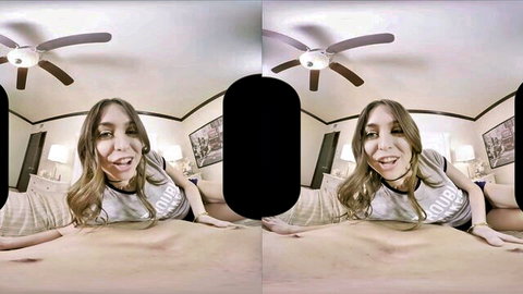 Curvy brunette babe sticks tongue out teasing huge tits cleavage in bedroom VR POV