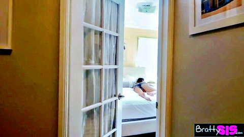 Stepsister masturbating on bed through open door, slim body fingering pussy