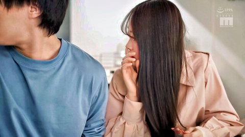 Asian couple in emotional intimate moment, woman in beige coat, JAV cheating scene