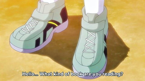 Anime girl in white sneakers and socks greeting curiously in uncensored hentai